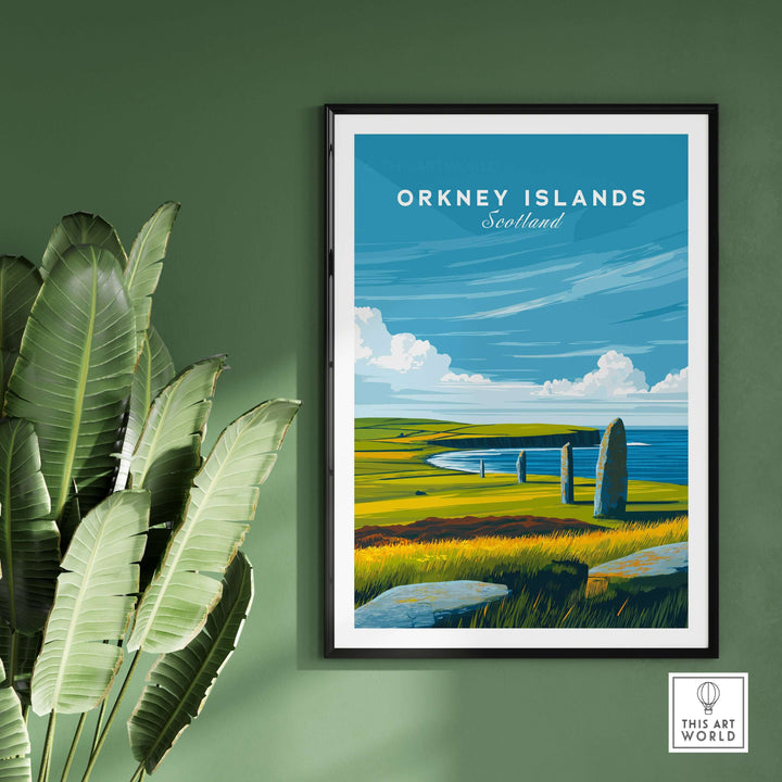 Orkney Islands Standing Stones print showcasing Scotland's ancient landscape, framed on a green wall with plants.