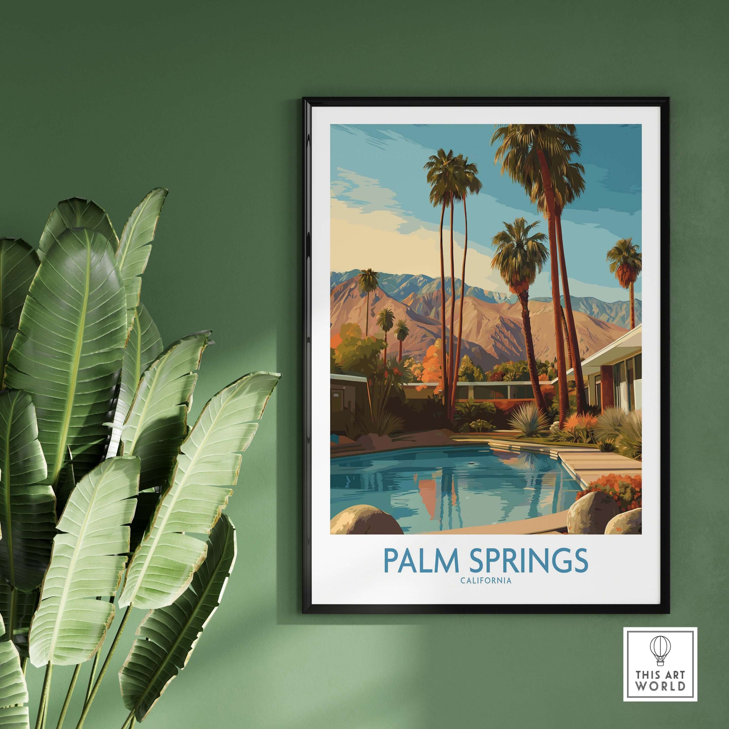 Palm Springs California Poolside Mountain View Print - California Travel Decor featuring a pool with palm trees and mountains.