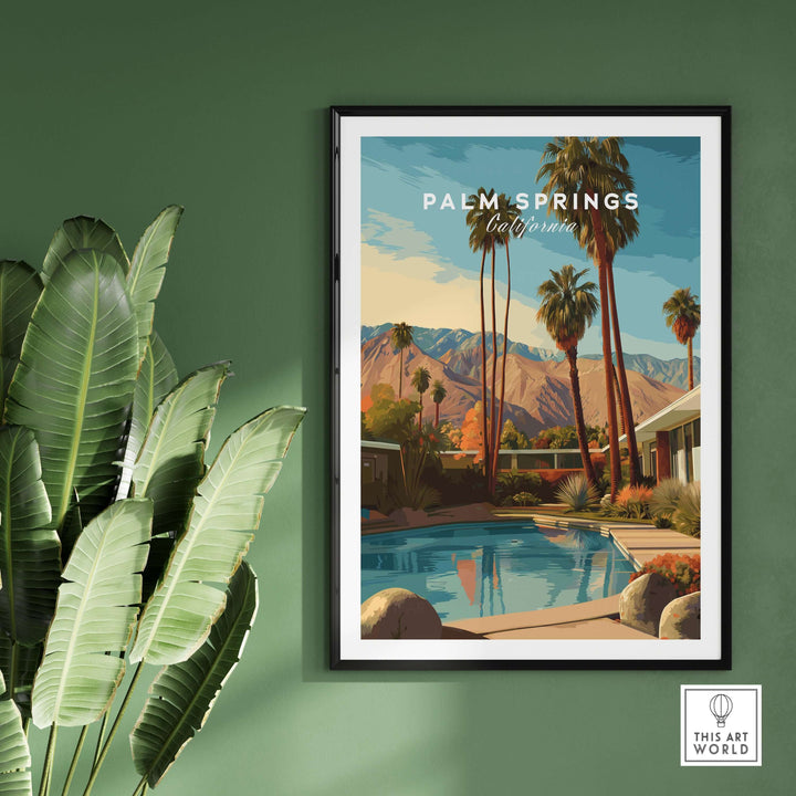 Mid-century modern home poster featuring a pool and palm trees in Palm Springs, California wall art.