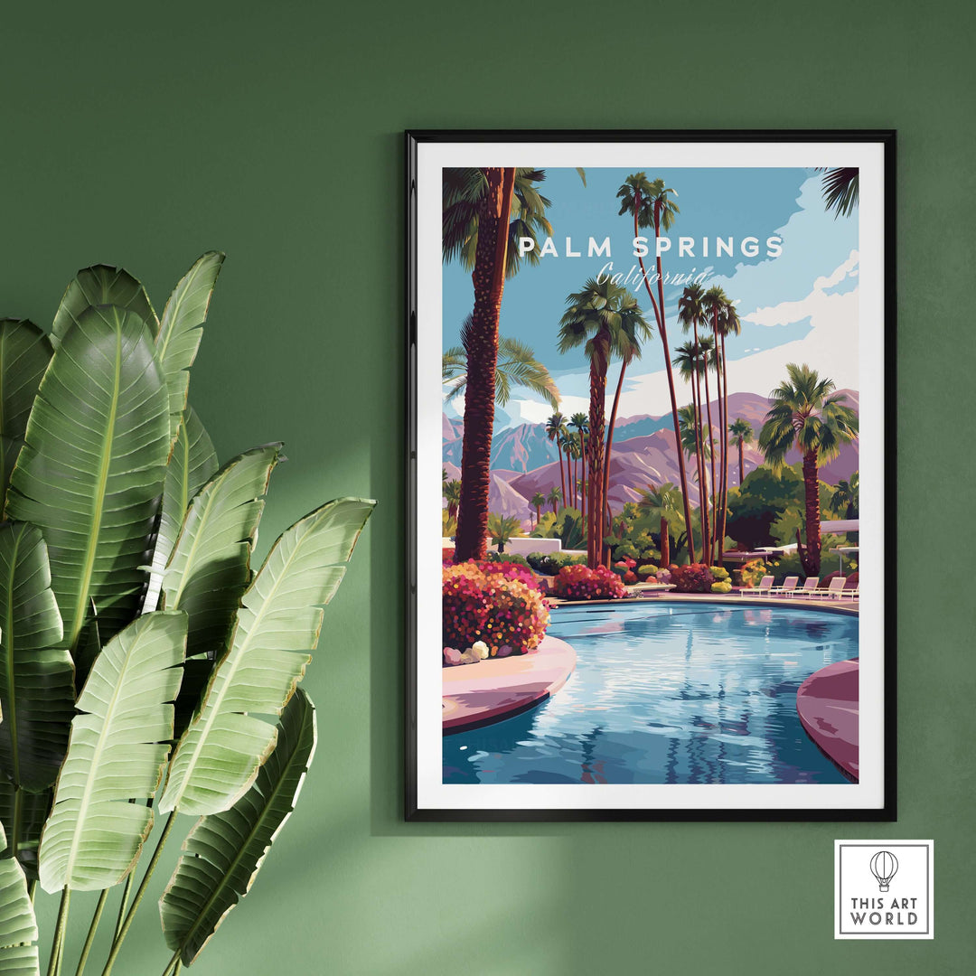 Palm Springs Tropical Poolside Print featuring a serene pool and mountain views, ideal wall art for relaxation.