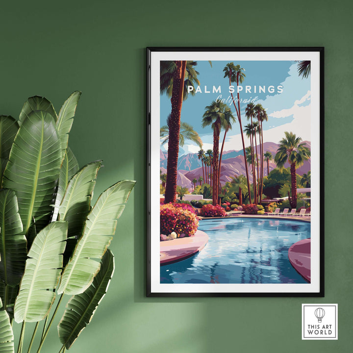 Palm Springs Tropical Poolside Print featuring a serene pool and mountain views, ideal wall art for relaxation.