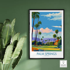 Palm Springs Palm Tree Oasis Wall Art - California Travel Poster showcasing a vibrant desert landscape with palm trees.