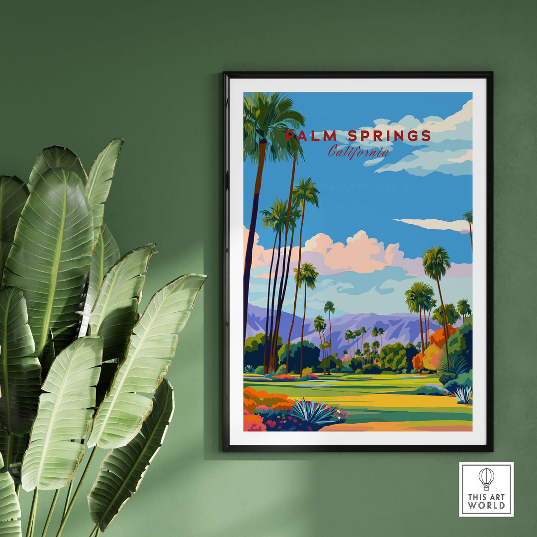 Palm Springs golf course poster showcasing vibrant palm trees and desert mountains under a blue sky.