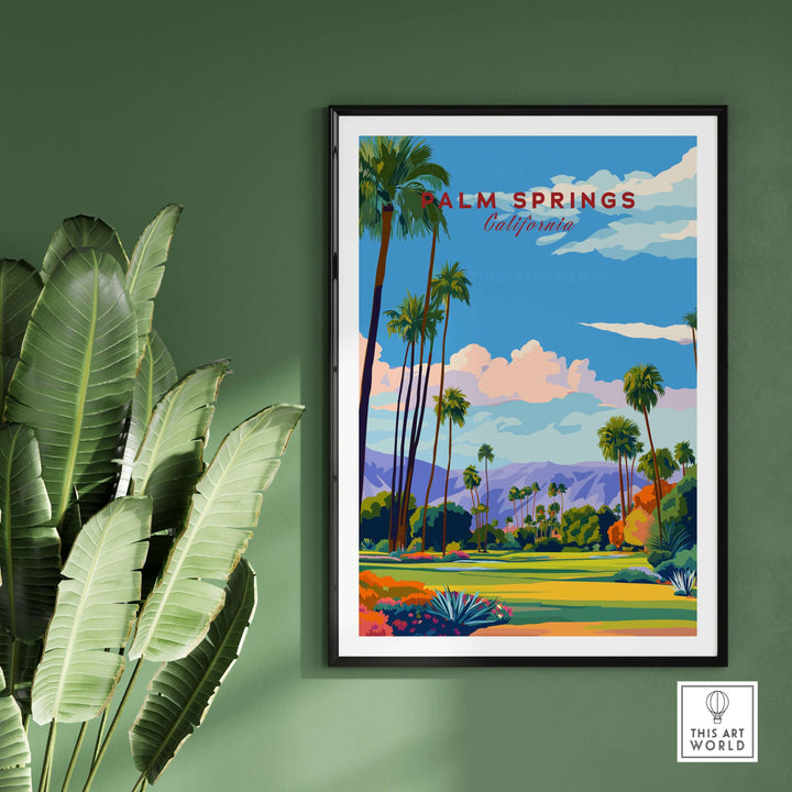 Palm Springs golf course poster showcasing vibrant palm trees and desert mountains under a blue sky.