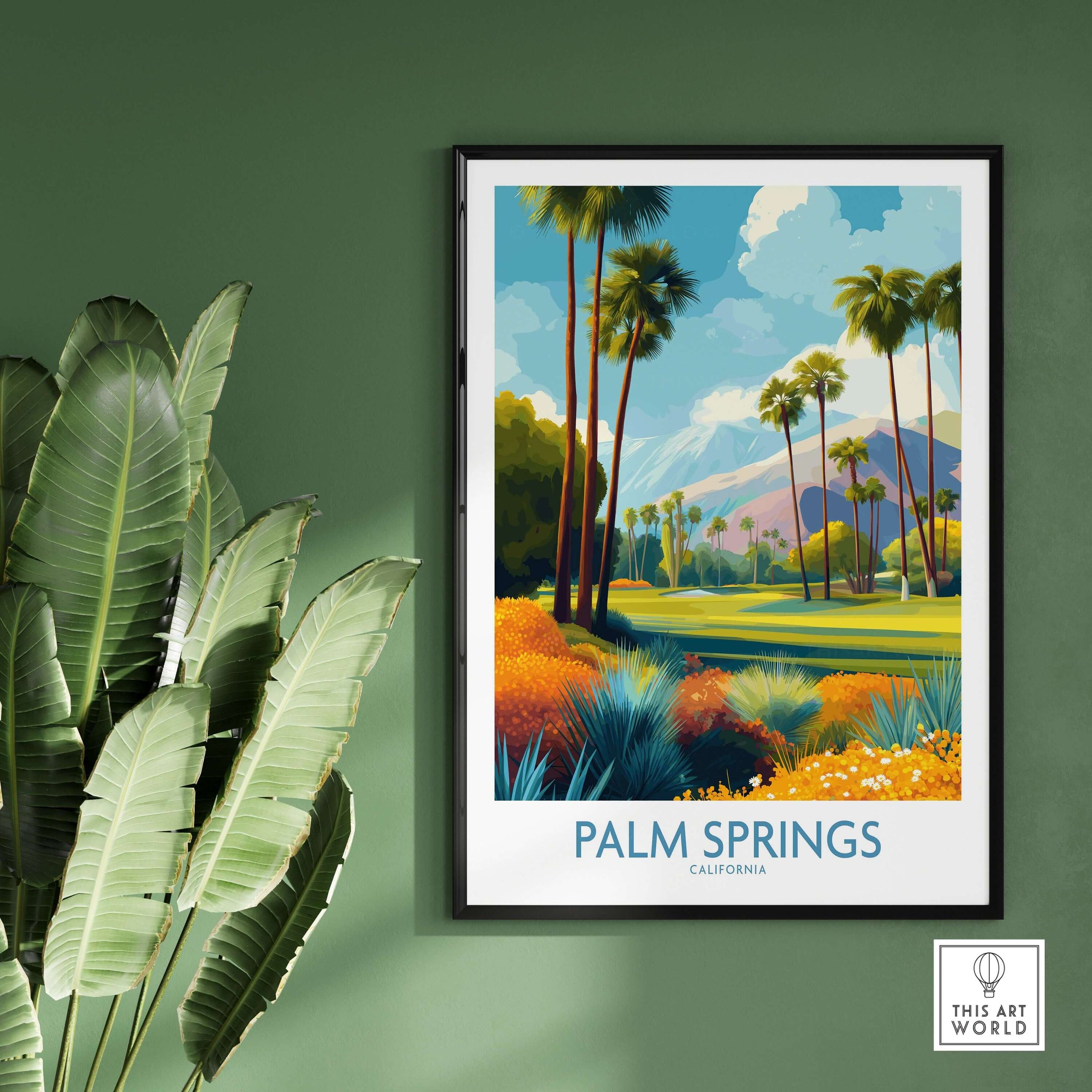 Palm Springs Vibrant Garden Poster - California Golf Vacation Travel framed on a green wall with tropical plants.