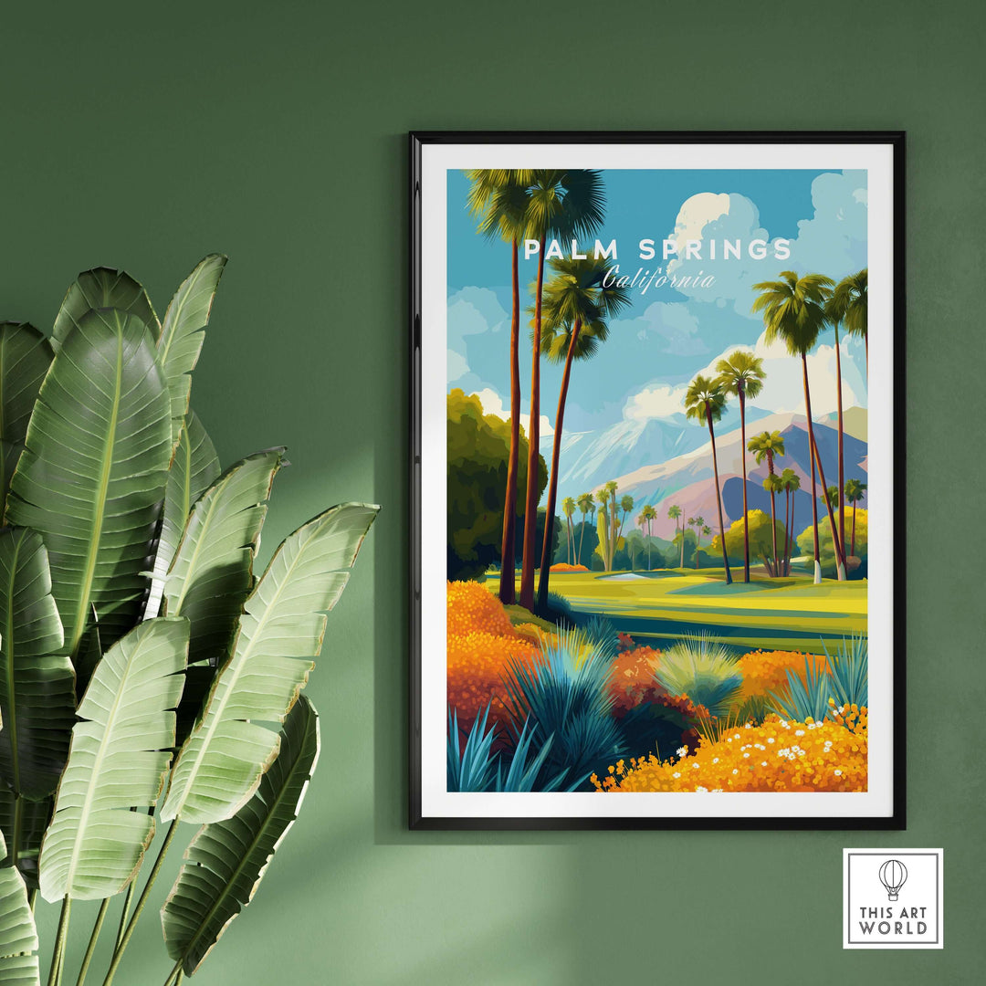 Palm Springs California Golf Course Mountain View Print, vibrant desert landscape wall art featuring palm trees and mountains.