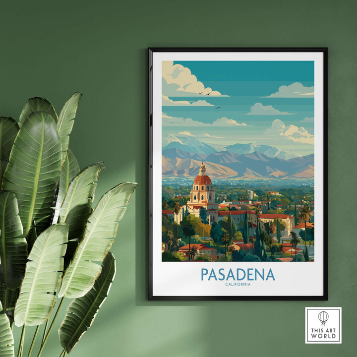 Pasadena California skyline wall art print featuring iconic architecture and mountains.