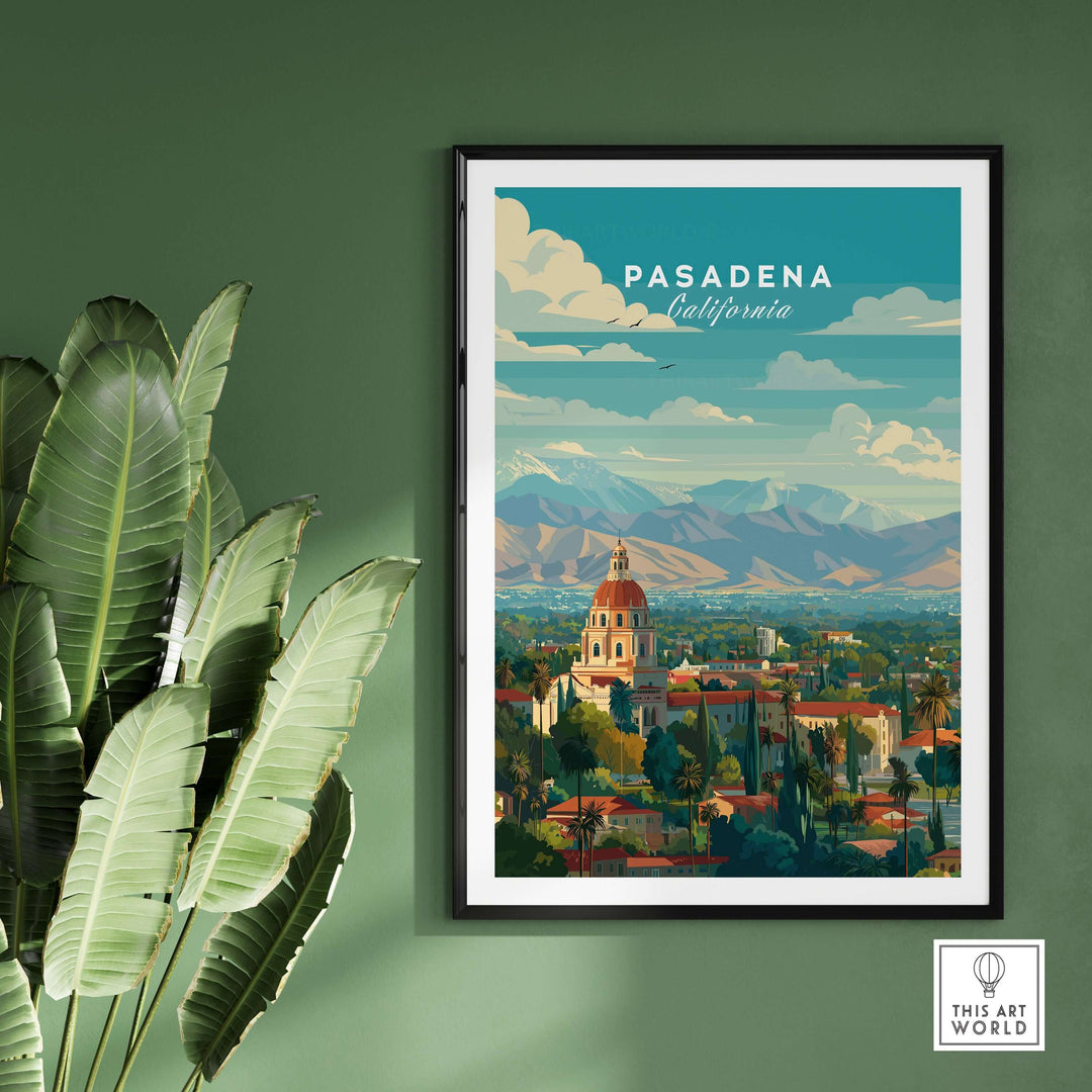 Pasadena California print featuring City Hall and San Gabriel Mountains, showcasing architectural elegance and scenic beauty.