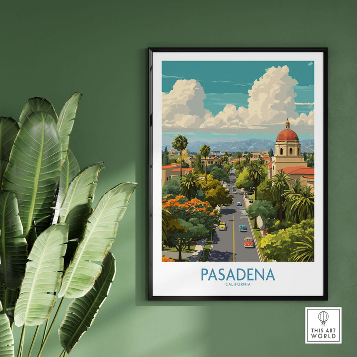Pasadena California travel poster showcasing iconic landmarks and lush scenery, perfect for urban art lovers.