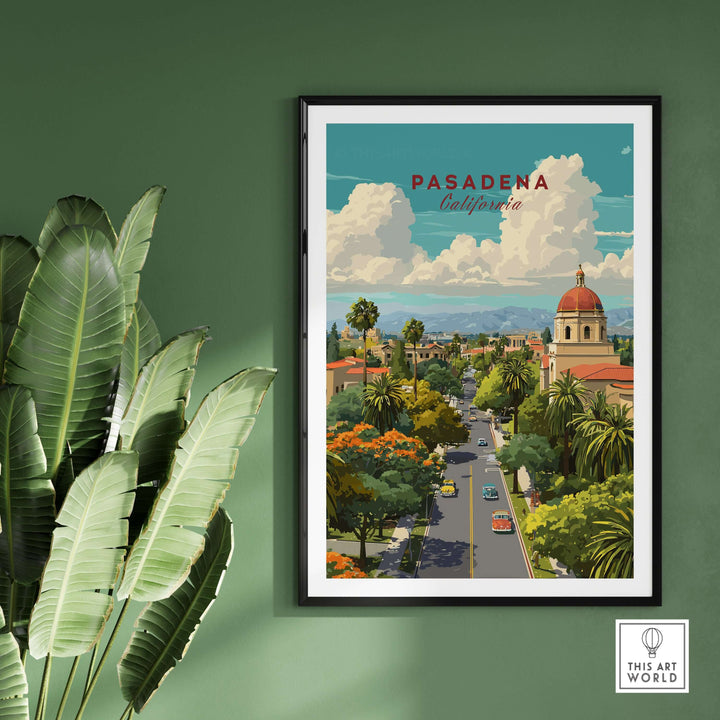 Pasadena California cityscape poster showcasing vibrant urban views and landmarks in a stylish framed print.