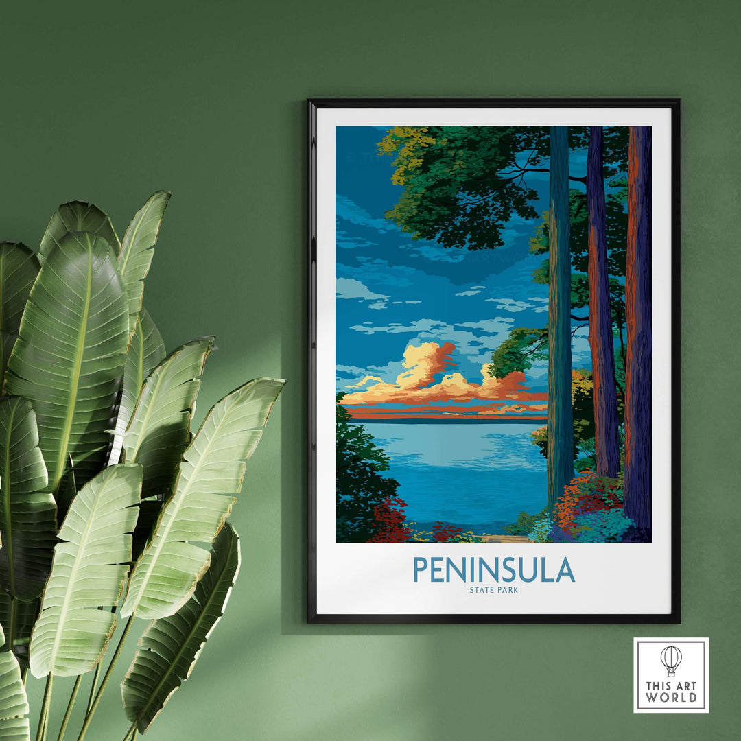 Vibrant trees landscape print of Peninsula State Park, Wisconsin, showcasing colorful sunset and lush greenery.