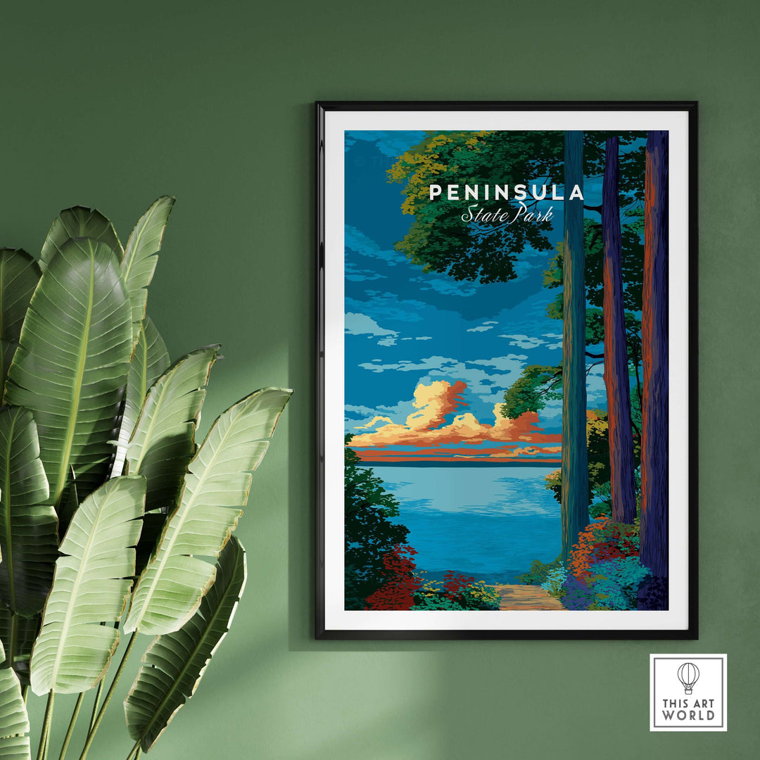 Peninsula State Park sunset poster showcasing a serene forest path and Lake Michigan, perfect for nature lovers.