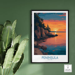 Peninsula State Park Golden Hour Lake View Poster - Wisconsin Travel Decor on green wall with plants.