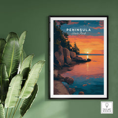 Peninsula State Park Sunset Print - Wisconsin Rocky Shoreline Wall Art showcasing a vibrant sunset over serene waters.