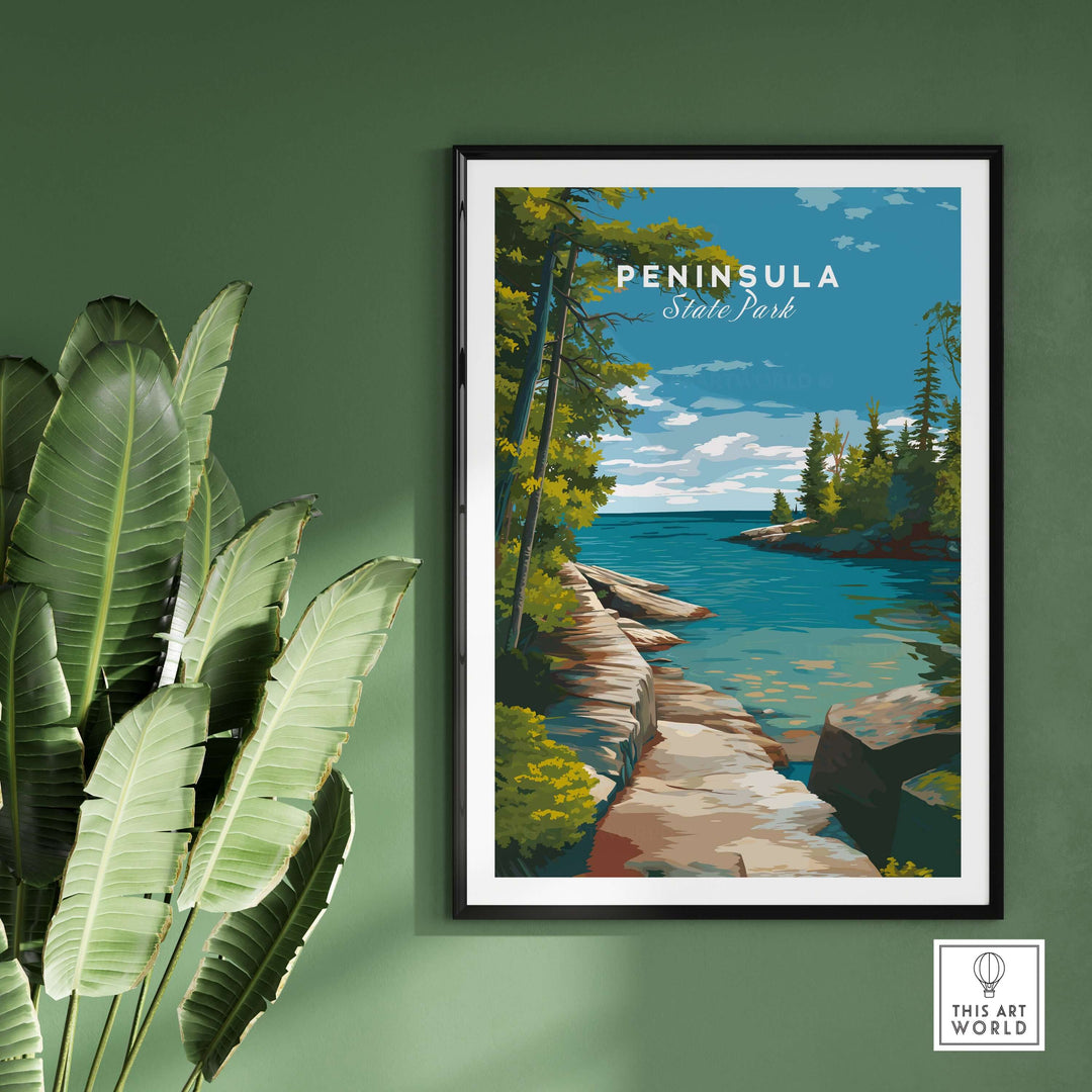 Peninsula State Park print featuring rocky coastline and lush trees, perfect for embracing Wisconsin's natural beauty.