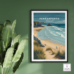 Perranporth Cornwall Sandy Beach Dunes Print - Cornish Coastal Wall Art on display with greenery.