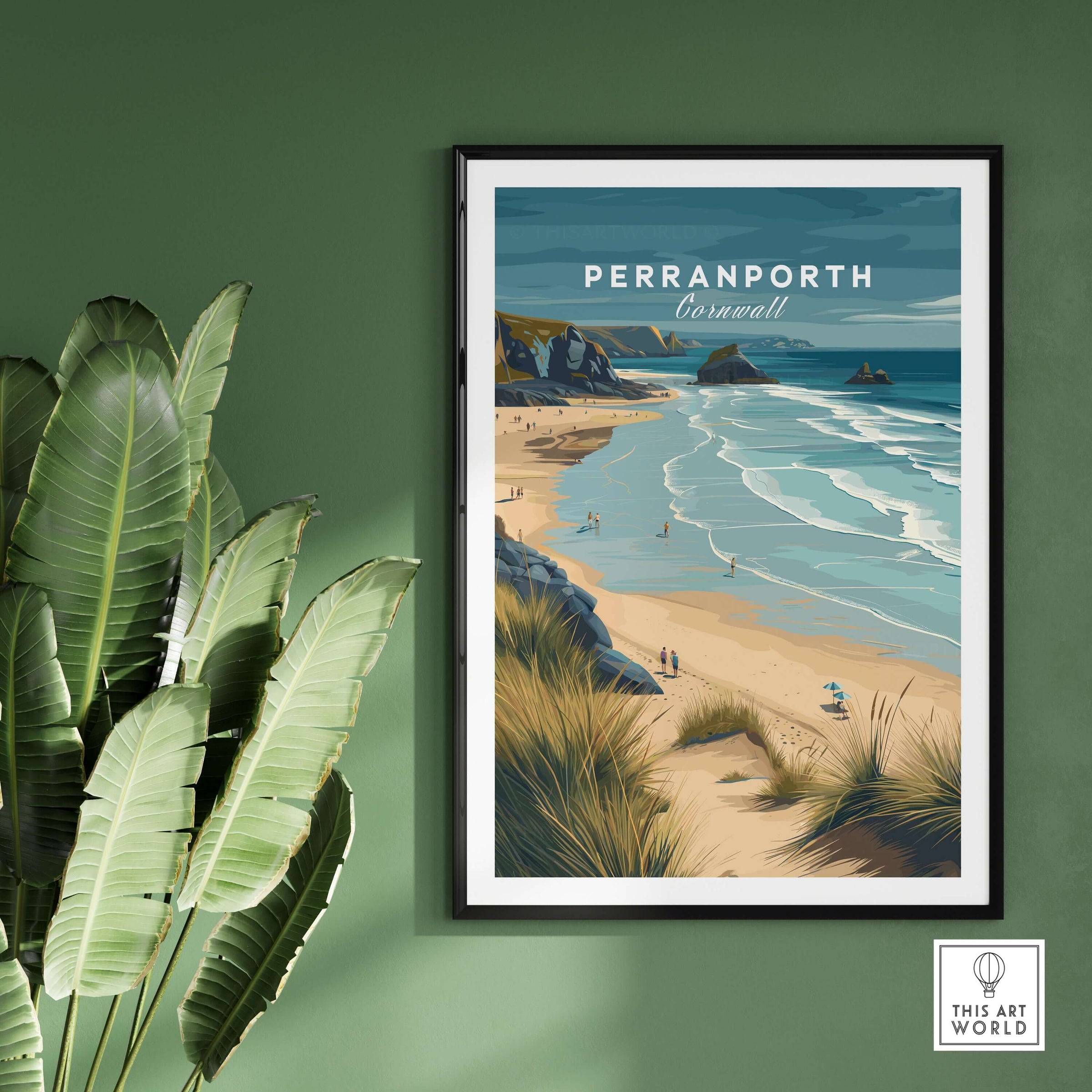 Perranporth Cornwall Sandy Beach Dunes Print - Cornish Coastal Wall Art on display with greenery.