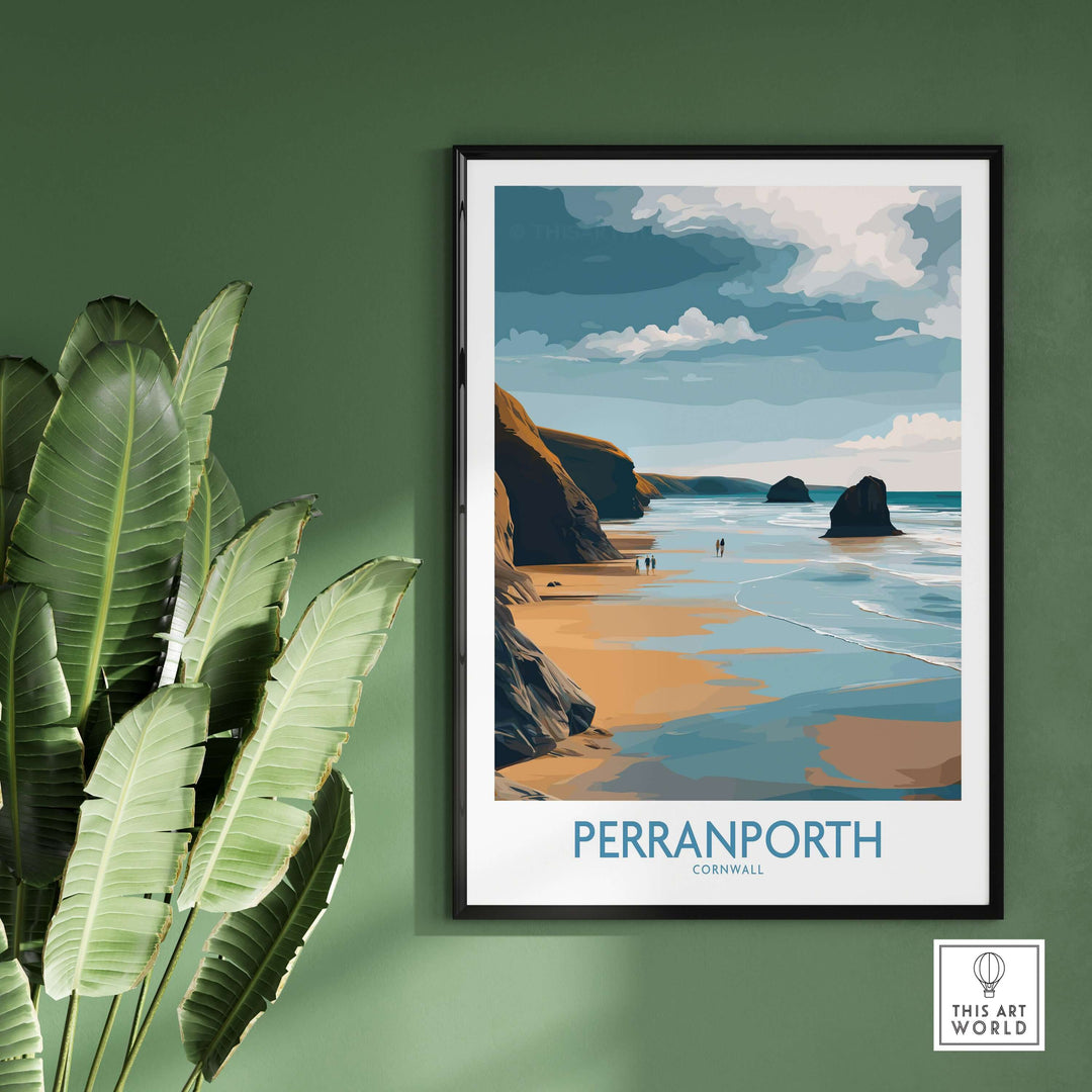 Perranporth Cornwall ocean walk wall art featuring sandy beach and footprints, ideal UK seaside decor.