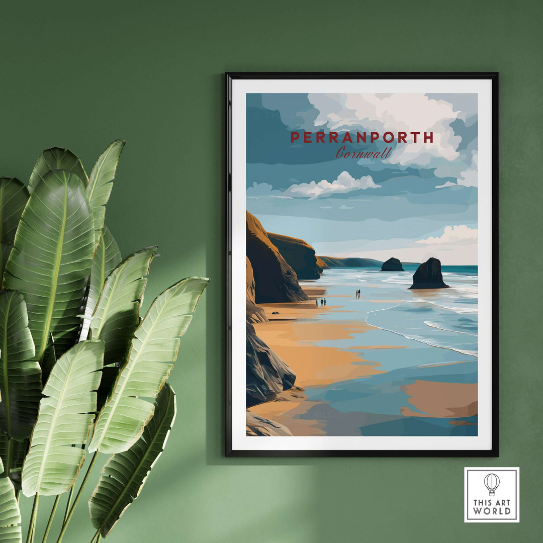 Perranporth Low Tide Beach Poster showcasing serene shoreline and dramatic clouds, perfect for coastal home decor.