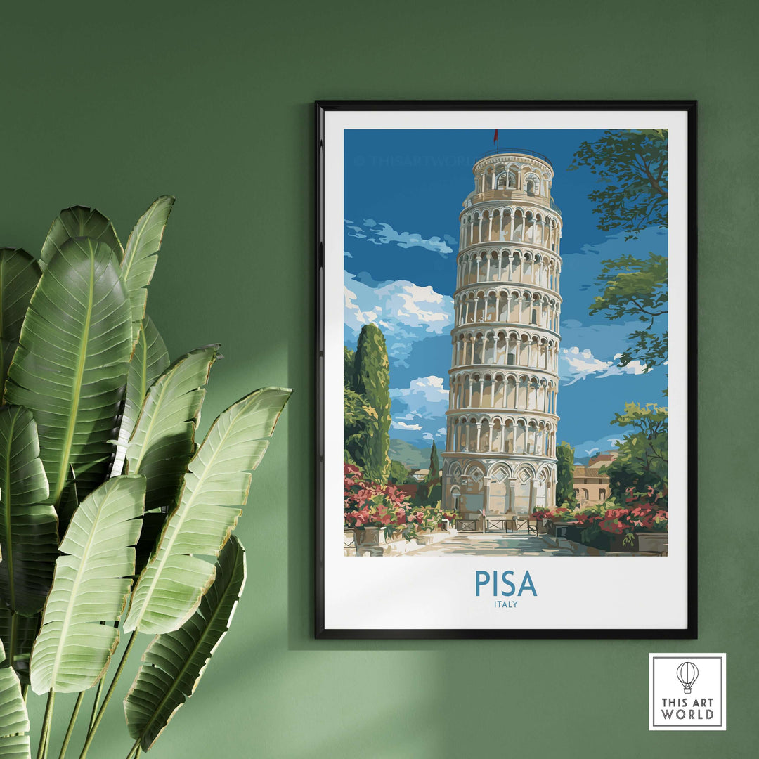 Pisa Italy Bell Tower travel wall art poster showcasing the Leaning Tower with vibrant colors and lush greenery.