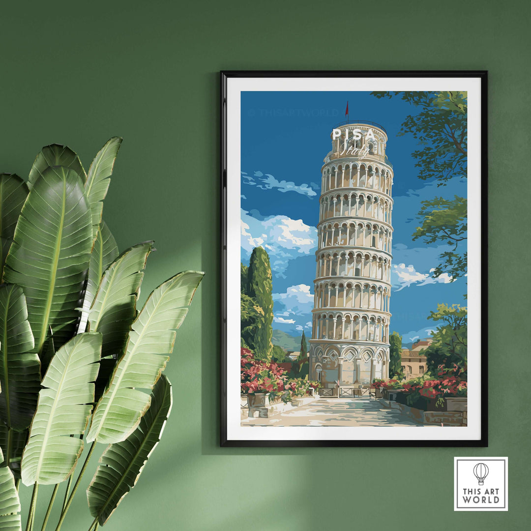 Leaning Tower of Pisa print showcasing iconic Italian architecture against a vibrant background.