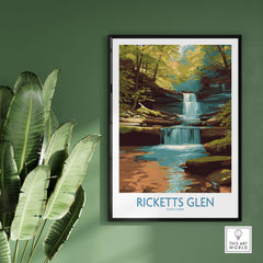 Ricketts Glen State Park Forest Waterfall Poster - Pennsylvania Nature Decor framed on a green wall with plants.