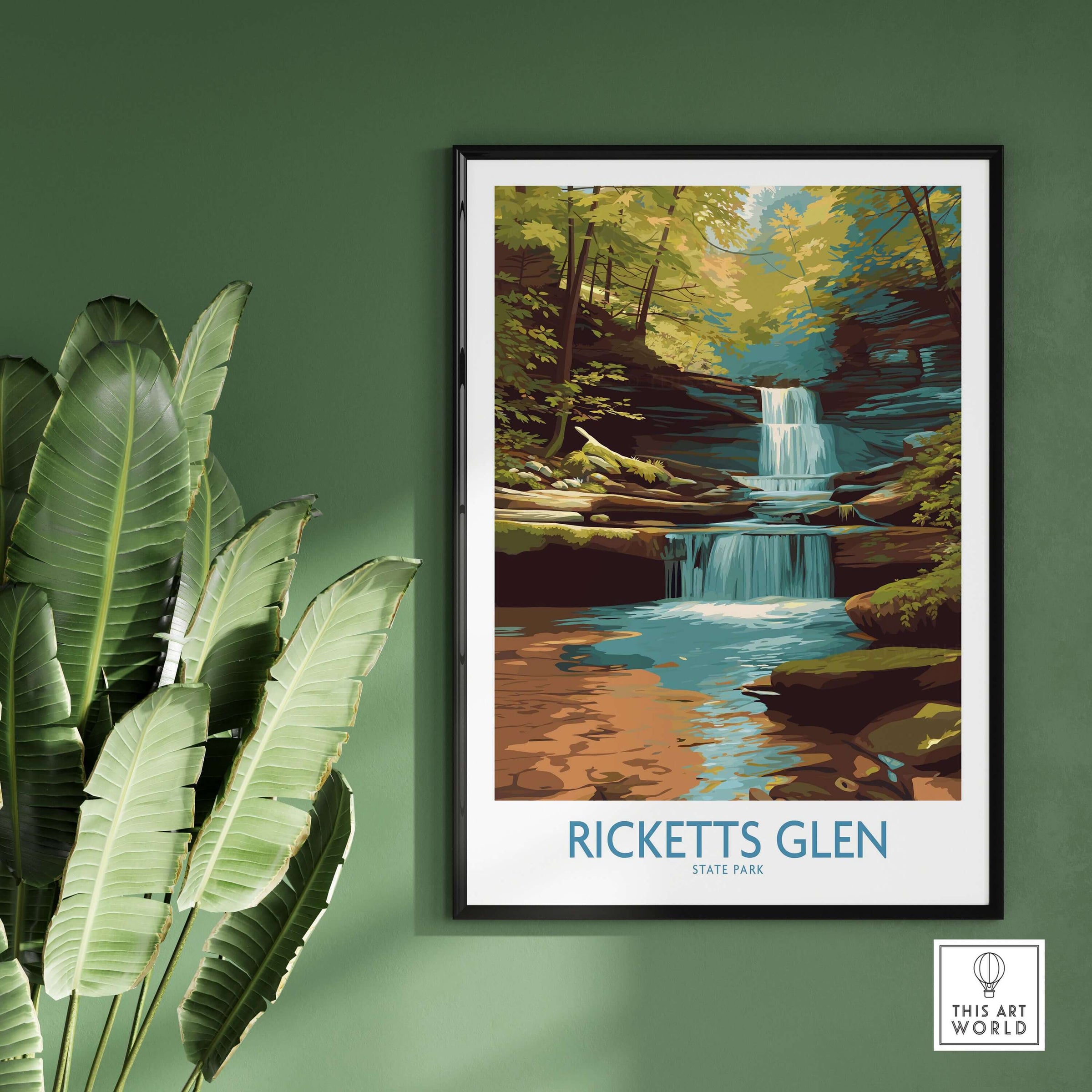 Ricketts Glen State Park Forest Waterfall Poster - Pennsylvania Nature Decor framed on a green wall with plants.