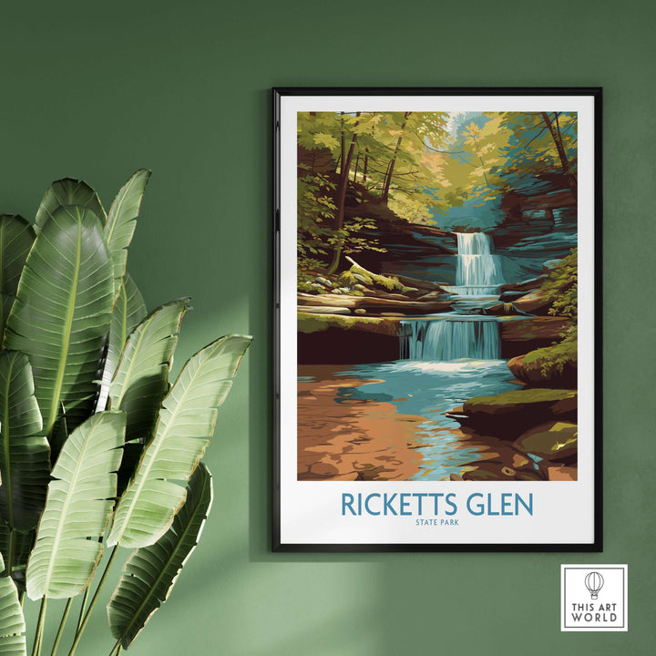 Ricketts Glen State Park waterfall poster showcasing vibrant forest and cascading waters, ideal for nature decor.