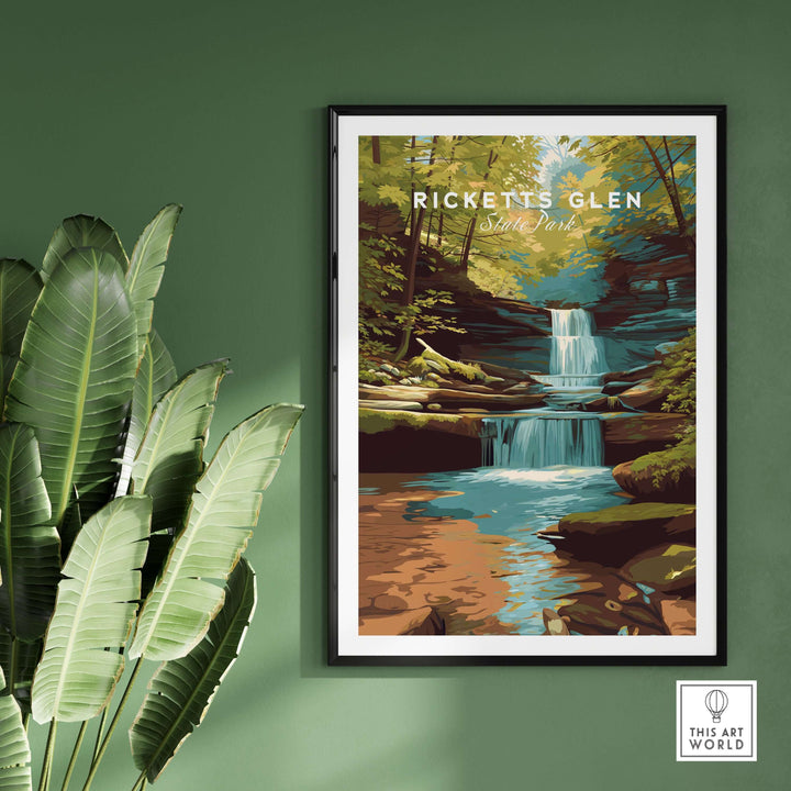 Framed waterfall landscape print of Ricketts Glen State Park, showcasing vibrant forest and serene waters.