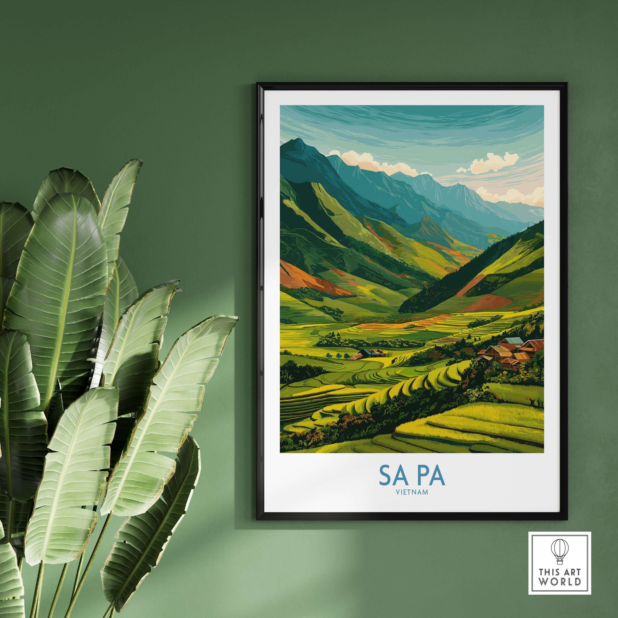 Sa Pa Vietnam Print - Rice Terrace Village Poster - Vietnamese Countryside Travel Print displayed on wall with plants.