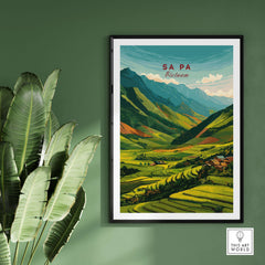 Sa Pa Vietnam Poster - Rice Terraces Landscape Print - Vibrant Green Mountains Wall Art framed on green wall.