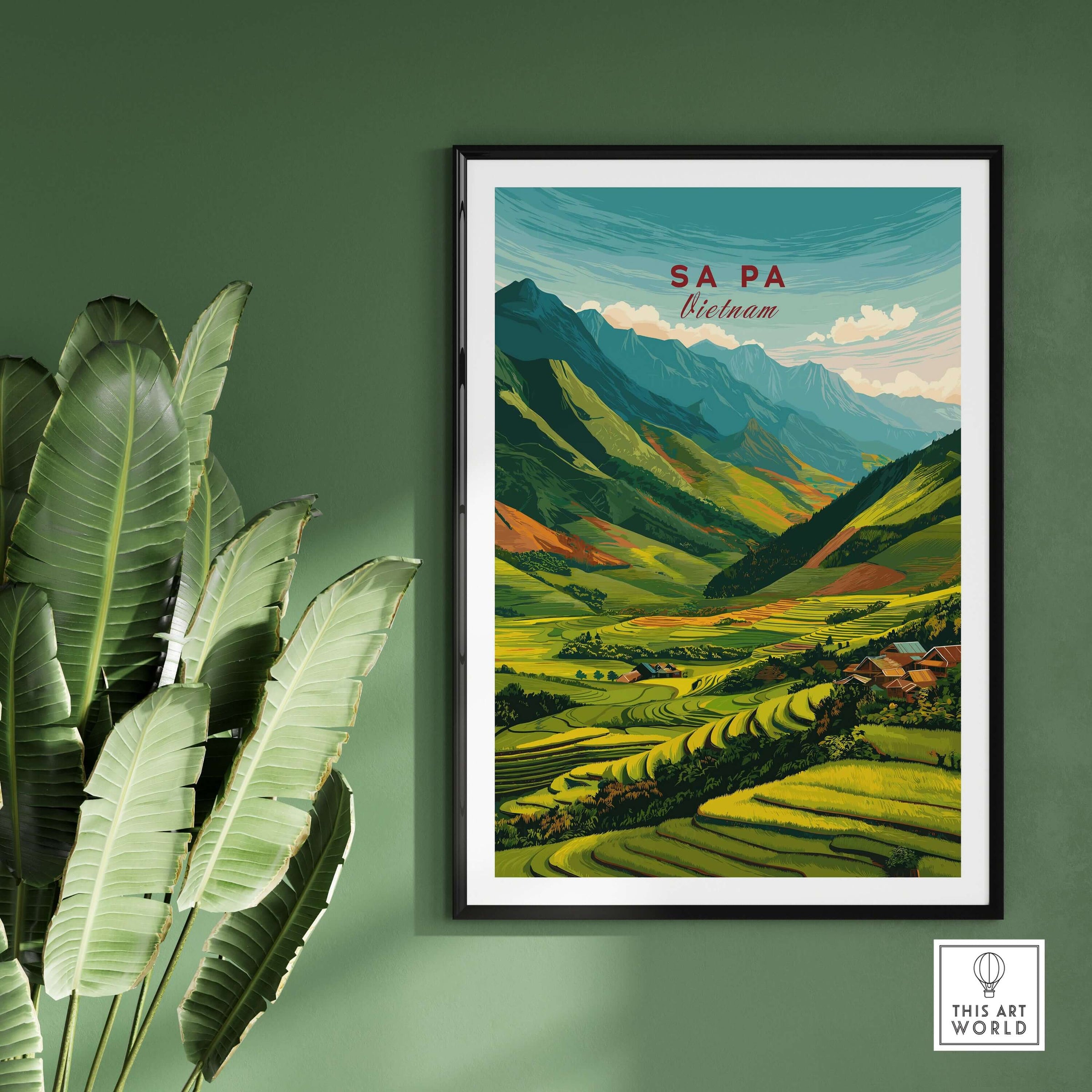 Sa Pa Vietnam Poster - Rice Terraces Landscape Print - Vibrant Green Mountains Wall Art framed on green wall.