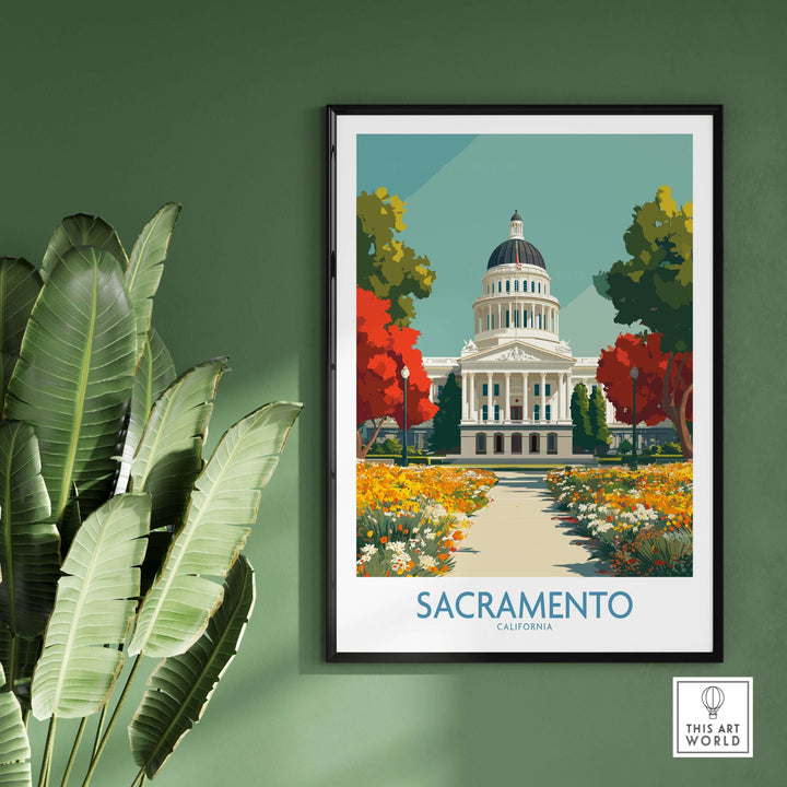 Sacramento California Capitol poster showcasing historic architecture in vibrant colors surrounded by lush greenery.