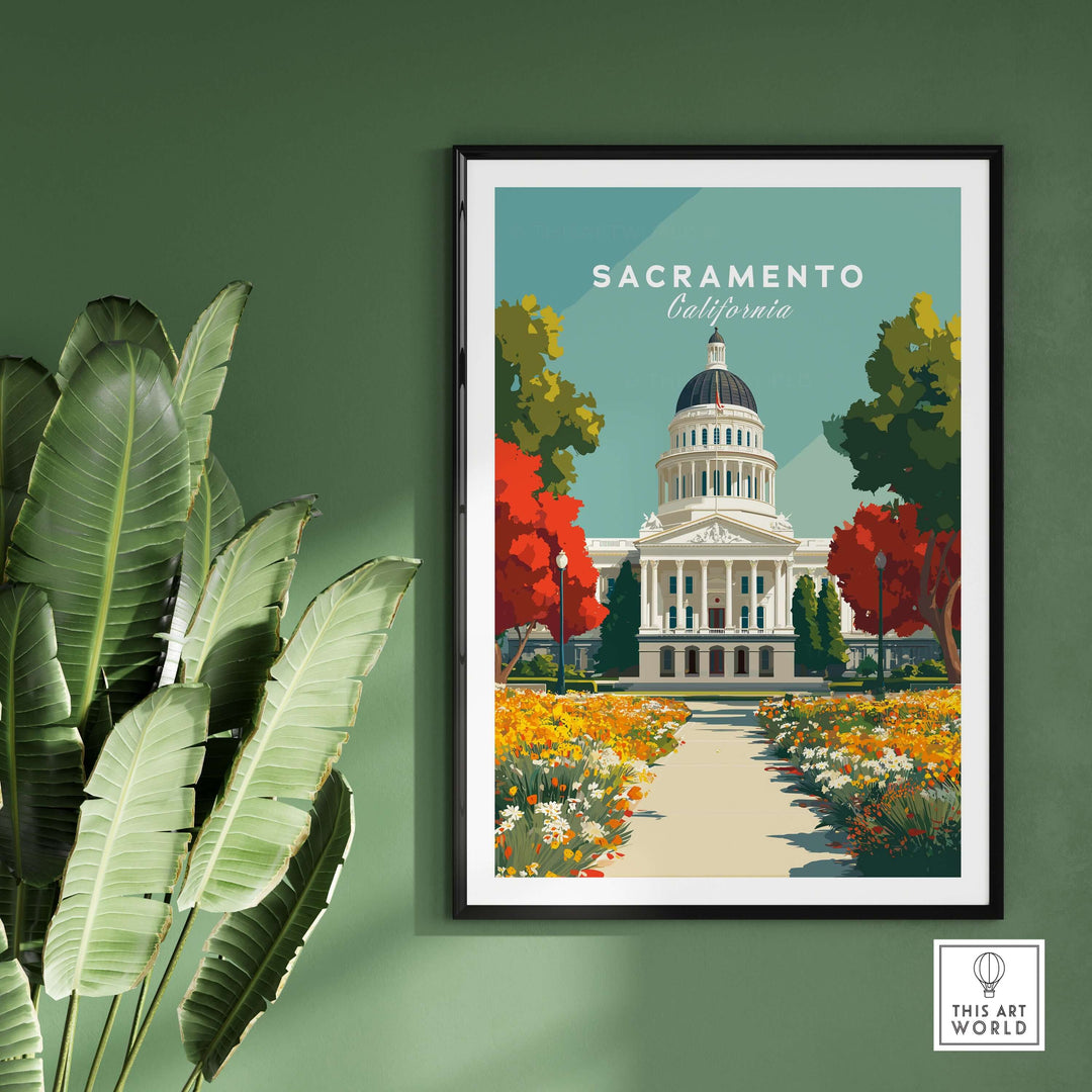 Sacramento California State Capitol Building print, a vibrant wall art featuring iconic architecture and colorful flowers.