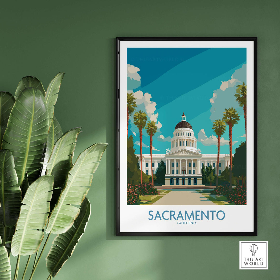 Sacramento California State Capitol wall art poster showcasing the iconic building surrounded by palm trees and blue skies.