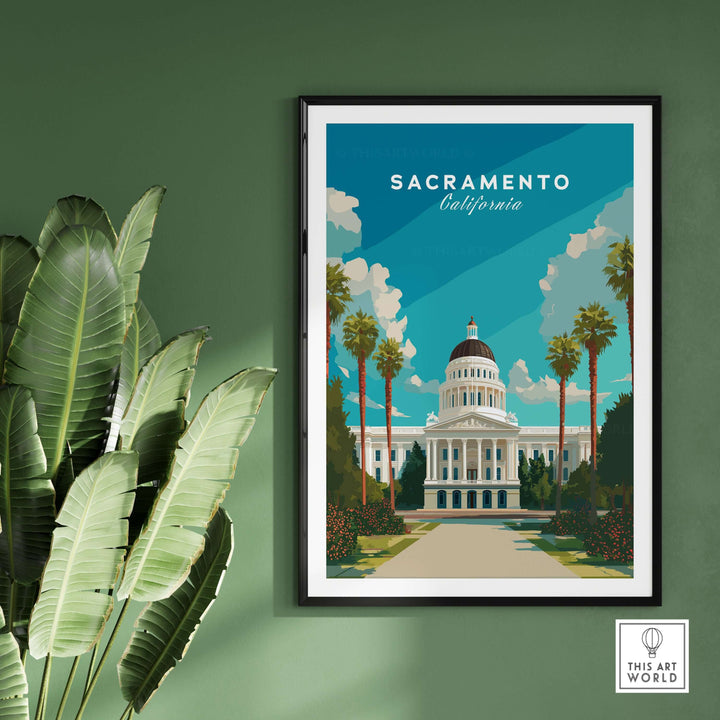 Sacramento Wall Art featuring the California Capitol Building with palm trees in a stylish poster design.