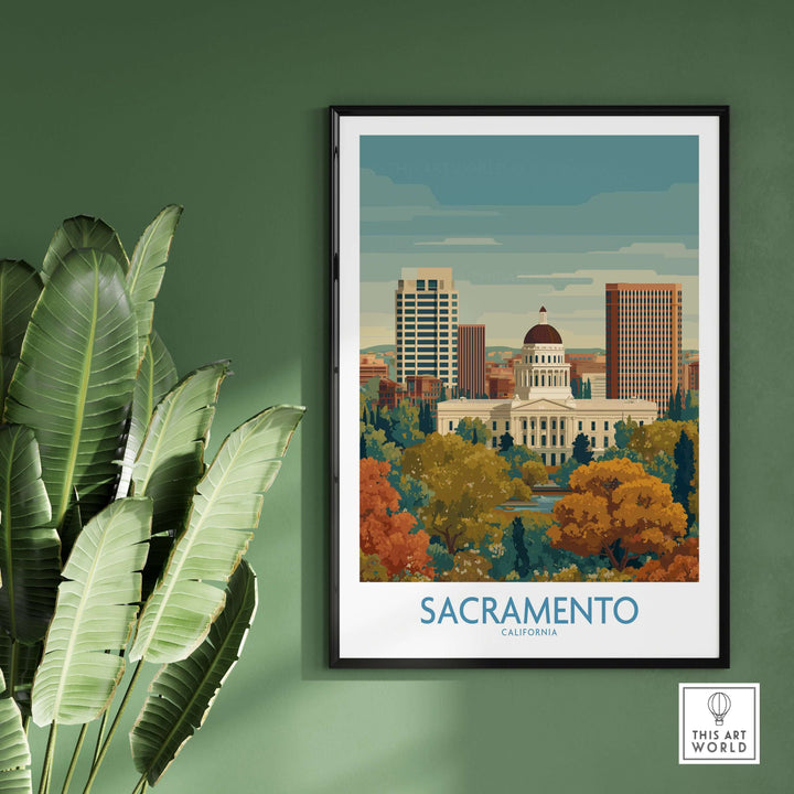 Sacramento California poster showcasing the state capitol and skyline, framed on a green wall, surrounded by lush plants.