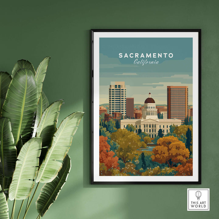 Sacramento California skyline and Capitol print showcasing urban landscape wall art with vibrant colors.