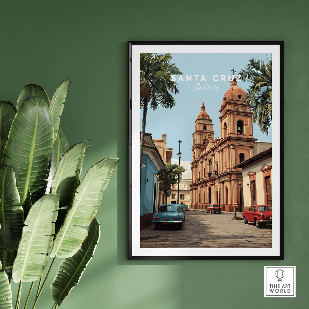 Santa Cruz South America Print | Bolivian Urban Wall Decor showcasing vibrant cityscape with palm trees and vintage cars.