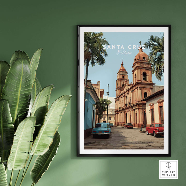 Santa Cruz South America Print | Bolivian Urban Wall Decor showcasing vibrant cityscape with palm trees and vintage cars.