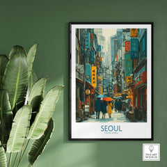 Seoul Poster South Korea - Vibrant City Life Art Print showcasing bustling streets and colorful umbrellas.