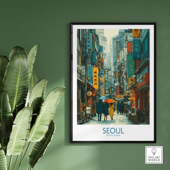 Seoul city life poster showcasing vibrant streets and culture of South Korea, framed art print on green wall.