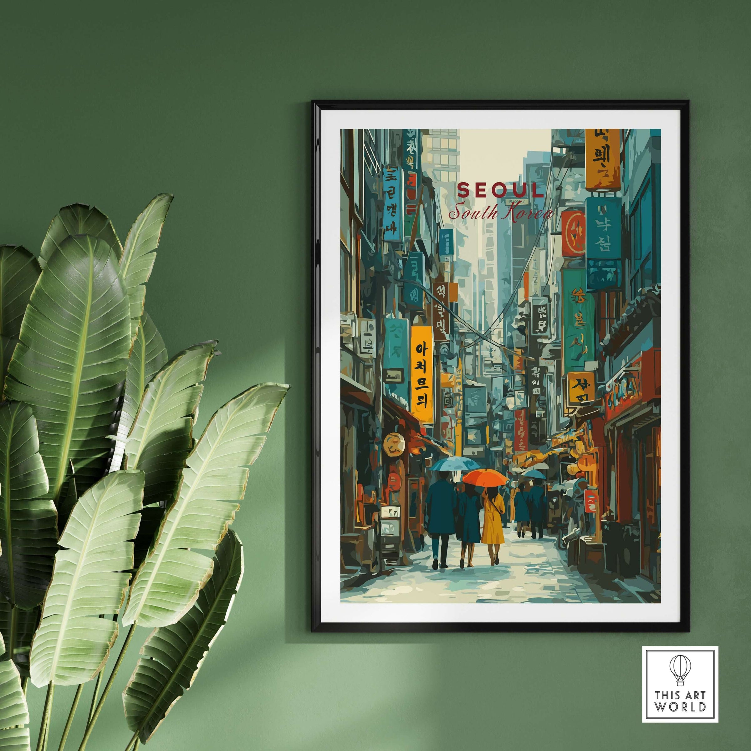 Seoul Print South Korea Busy Street - Urban Cityscape Wall Art featuring a vibrant city scene with people and signage.