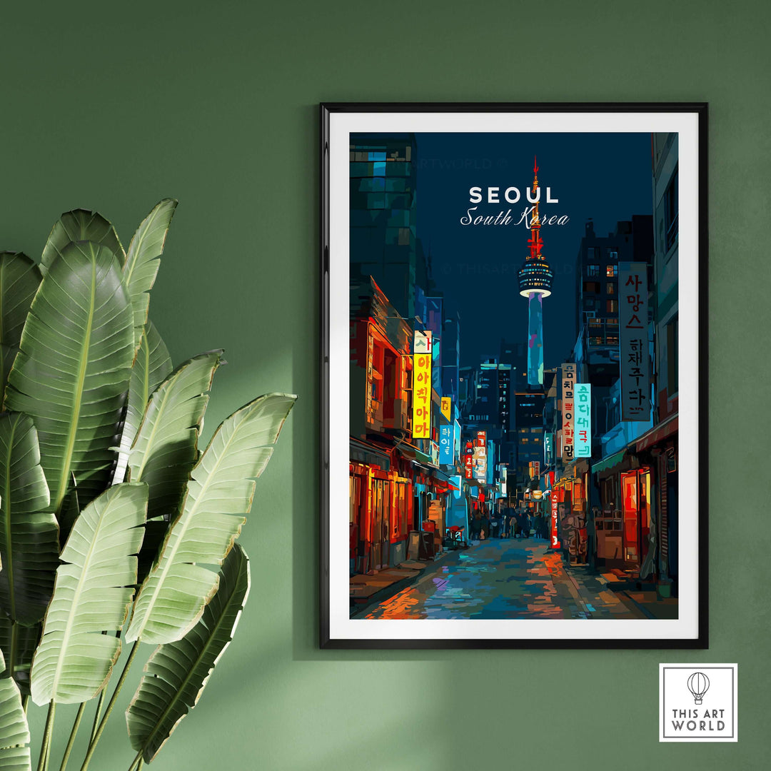 Seoul South Korea Poster featuring N Seoul Tower, vibrant city street art, modern decor for urban enthusiasts.