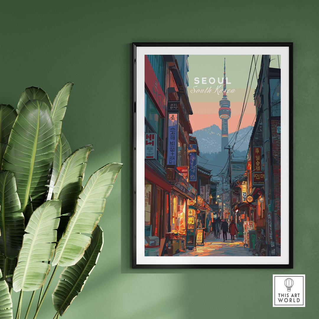 N Seoul Print showcasing traditional streets of Seoul, South Korea, surrounded by urban life and vibrant colors.