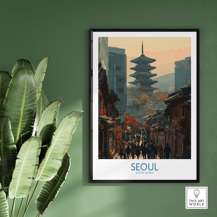 Seoul South Korea old town skyline wall art featuring historic architecture and serene city views.