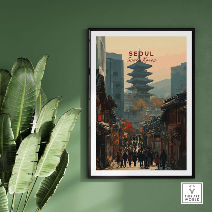 Seoul South Korea poster featuring historic architecture and bustling streets, perfect for home decor.
