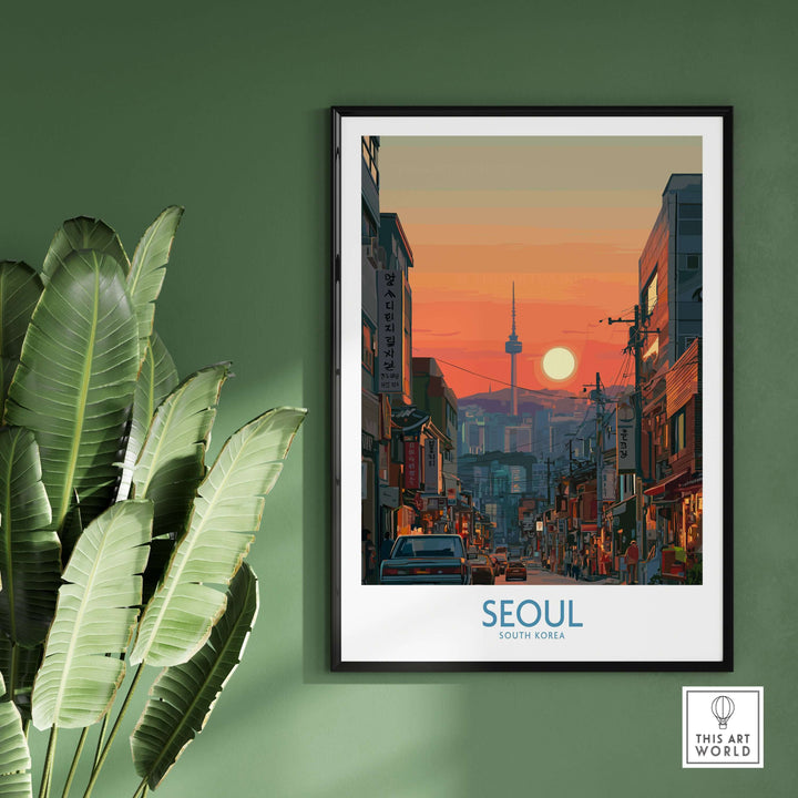 Seoul South Korea Wall Art travel poster featuring the iconic skyline and vibrant sunset.