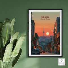 Seoul South Korea City Sunset Print - N Seoul Tower Skyline Poster in a modern room with greenery.