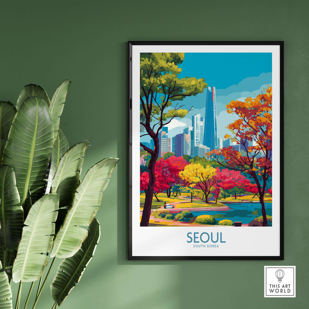 Seoul South Korea city park skyline poster with vibrant foliage and urban skyline in a modern setting.